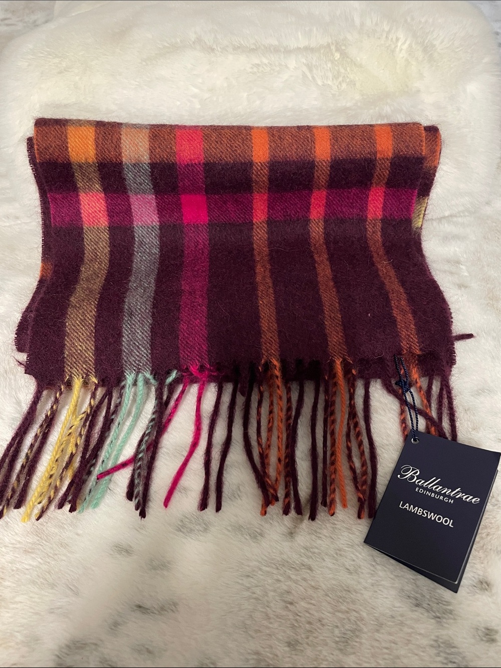Ballantrae Lambswool Tartan Plaid Fringe Scarf - Burgundy & Pink